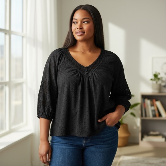 torrid Tops - TORRID 00 0X XL Black Poplin Blouse Lace & Dot Detail R $59